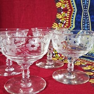 Elegant Arctic Rose Pattern Etched Glass Cocktail/Sherbet/Dessert Coupes Glasses
